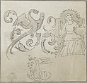 Sketch of Seated Female Figure with Foliate Decoration, William Pitts  British, Pen and brown ink, brush and brown wash