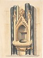 Design for baptismal font set between paired Purbeck marble columns, Auguste Charles Pugin  British, French, Gray and orange-brown washes