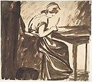 Lady Seated at a Table (recto); Dancing Figures (verso), George Romney (British, Beckside, Lancashire 1734–1802 Kendal, Cumbria), Recto: pen and brown ink, brush and brown wash
Verso: black chalk, pen and brown ink