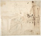 Lady Seated at a Table (recto); Dancing Figures (verso), George Romney (British, Beckside, Lancashire 1734–1802 Kendal, Cumbria), Recto: pen and brown ink, brush and brown wash
Verso: black chalk, pen and brown ink