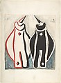 Two clown costumes, red and black, Sergey Sudeykin Russian, graphite, red and black marker, blue and gray wash, mounted