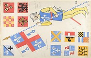 Studies for coats of arms and theatrical costume for a soldier carrying a banner, Boris Konstantinovitch Bilinsky Russian, Graphite, watercolor, gouache, brush and black ink