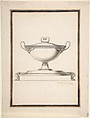 Design for a Covered Tureen on a Footed Stand, Henri Auguste (French, Paris 1759–1816 Port-au-Prince), Pen and brown ink, brush and gray-brown wash; double framing lines in pen and brown ink