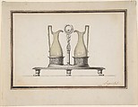 Design for a Cruet Frame, Henri Auguste (French, Paris 1759–1816 Port-au-Prince), Pen and brown ink, brush and gray and gray-green wash, traces of graphite underdrawing, with framing lines in pen and brown ink