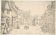City View with Medieval Gate (perhaps York), Thomas Rowlandson  British, Pen and ink, brush and wash