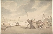 Harbor scene with the tide out, and beached boats, Thomas Rowlandson  British, Watercolor, pen and ink