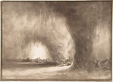A column of oriental travelers scattered by a dust storm, William West British, Pen and brown ink, brush and brown wash, black chalk