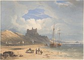 Bamborough Castle from the Northeast, with Holy Island in the Distance, Northumberland, John Varley British, Watercolor and graphite with scratching out