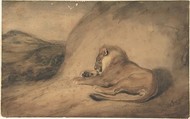 Lion Resting, Antoine-Louis Barye (French, Paris 1795–1875 Paris), Watercolor on wove paper, lined