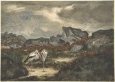 Herons in Landscape, Antoine-Louis Barye (French, Paris 1795–1875 Paris), Watercolor on wove paper