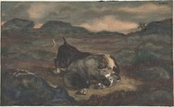 Bear Killing Bull, Antoine-Louis Barye (French, Paris 1795–1875 Paris), Watercolor on wove paper
