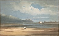 Harlech Castle across the Traeth Mawr, John Varley British, Watercolor with reductive techniques, over graphite
