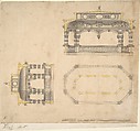 Design for a Bath in the Form of an Elongated Polygonal Temple, Plan and Two Elevations, John Vardy British, Pen and ink, brush and wash