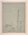 View of the Colosseum, Richard Wilson  British, Welsh, Black chalk heightened with white chalk on gray paper; sheet laid down on pink paper mount with double border in brown ink