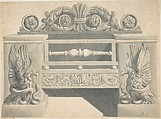 Design for Cast-iron Grate in Rococo Style with Putti Fire Dogs, Benjamin Dean Wyatt British, Pen and ink, brush and gray and light brown wash