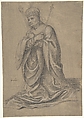 A Kneeling King of France Holding the Scepters of Royal Authority, Jean Boucher (French, Bourges 1568/75–1633), Black chalk heightened with white on brown washed paper
