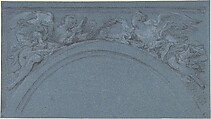 Two spandrels with winged figures, François Boucher  French, Black and white chalk on blue paper