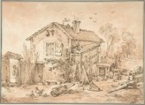 Cottage with Figures, Imitator of François Boucher (French, Paris 1703–1770 Paris), Graphite and pen and brown ink with red chalk over traces of black chalk