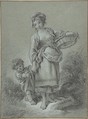Woman and Boy, François Boucher (French, Paris 1703–1770 Paris), Black and white chalk on gray paper; framing lines in pen and brown ink
