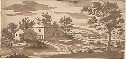 Landscape with Buildings and a Town in the Distance (recto); Study of a Building (verso), Jacques Callot (French, Nancy 1592–1635 Nancy), Brush and brown wash over black chalk (recto); pen and brown ink (verso)