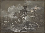 Cavalry Skirmish with a Fallen Soldier at Right, Francesco Casanova (Italian, London 1727–1803 Brühl), Brush with gray and brown wash, heightened with white