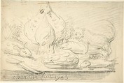 Cat Surveying Fish and Fowl on a Table, Attributed to Jean Siméon Chardin (French, Paris 1699–1779 Paris), Black chalk