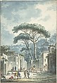 Road Leading to the Grotto of Posillipo, Claude Louis Châtelet (French, Paris 1753–1794 Paris), Pen and black ink, brown wash, watercolor, over faint underdrawing in graphite