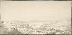 Distant View of Syracuse and its Harbor, Claude Louis Châtelet (French, Paris 1753–1794 Paris), Pen and pale brown ink, gray wash over traces of graphite. Framing lines in dark brown ink.