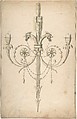 Design for a Girandole Composed of Three Clasping Arrows and Candle-branches Terminating in Cockerel Heads, Sir William Chambers  British, born Sweden, Pen and ink, brush and wash
