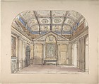 Interior with coffered ceiling and Corinthian order applied to walls, John Gregory Crace , and Son British, Graphite, watercolor and gilt