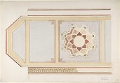 Design for Ceiling in Four Parts, One Decorated with a Compass Motif, in Rust and Olive Green, Moorish Motifs, John Gregory Crace , and Son British, Graphite, watercolor in reds yellows and blues, and gilt