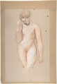 Standing female nude, William Etty British, Red and black chalk, heightened with white, on beige paper