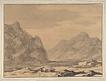 Landscape with Riverbed and Mountains, Alexander Cozens  British, Brush and gray and yellow wash; laid down on original paper mount with gray wash