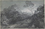 Mountain Landscape with Figures and Buildings, Thomas Gainsborough (British, Sudbury 1727–1788 London), Black and white chalk with stumping, on blue-gray paper
