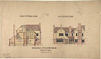 Dwelling house at Esher for Mrs Wethered: Elevation and Section, Ernest Geldart  British, Pen and ink, over graphite, with watercolor