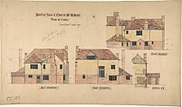 Dwelling house at Esher for Mrs. Wethered:  Three Elevations, and a Partial Section, Ernest Geldart  British, Pen and ink, over graphite, with watercolor