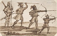 Three Archers and a Figure with a Spear, Claude Lorrain (Claude Gellée) (French, Chamagne 1604/5?–1682 Rome), Pen and brown ink, brush and brown wash, over black chalk underdrawing