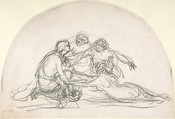 Three Nymphs and a Youth: study for a decorative lunette, Camille Corot (French, Paris 1796–1875 Paris), Black chalk and graphite on laid paper (trimmed in the shape of an arch)