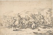 Battle Scene:  a Cavalry Engagement, Jacques Courtois (French, Saint-Hippolyte 1621–1676 Rome), Pen and brown ink, brush and gray wash over faint traces of black chalk