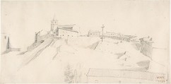 View of a Hill Town with a Crucifix, Camille Corot (French, Paris 1796–1875 Paris), Graphite on cream wove paper