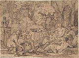 The Nurture of Jupiter, Jean-Baptiste Corneille (French, Paris 1649–1695 Paris), Pen and brown ink, brush and brown wash, over traces of graphite. Squared in black chalk.