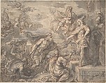 Neptune and other Marine Deities Paying Homage to Louis XIV, Michel Corneille the Younger (French, Paris 1642–1708 Paris), Pen and brown ink, gray ink and gray wash, heightened with a little white, over red chalk