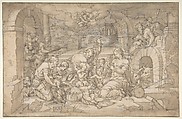 The Adoration of the Shepherds, Jean Cousin the Younger (French, Sens ca. 1522–1594 Paris), Pen and brown ink, brown wash, heightened with white gouache, over black chalk