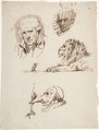 Sheet of Studies:  Three Male Heads, a Lion and a Mouse, Pierre Jean David d'Angers (French, Angers 1788–1856 Paris), pen and brown ink
