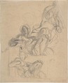 Sheet of figure studies: two studies of a reclining figure, and a seated figure holding a lyre (?)., Eugène Delacroix (French, Charenton-Saint-Maurice 1798–1863 Paris), Graphite on laid paper, mounted on cardboard