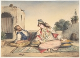 A Moroccan Couple on Their Terrace, Eugène Delacroix (French, Charenton-Saint-Maurice 1798–1863 Paris), Watercolor over traces of graphite