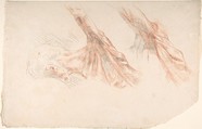 Ecorché: Two Studies of the Muscles of the Shoulder and of the Arm, Raised, Eugène Delacroix (French, Charenton-Saint-Maurice 1798–1863 Paris), Counterproof of a drawing (Musée du Louvre RF 10672) in red and black chalk on laid paper