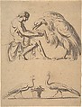 Jupiter, disguised as an eagle, with Ganymede, and a sketch of two peacocks, Nicolai Abraham Abildgaard Danish, Pen and brown ink, gray wash