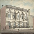 Perspective elevation, from left, of stonefaced building of five bays and two stories, J. B. Marsh British, Ruled black ink with blue, pink and gray washes