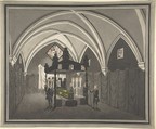 Vaulted Interior with Catalfalque, Coffin and Attendants, Robert Mackreth British, Brush and gray and black ink with watercolor